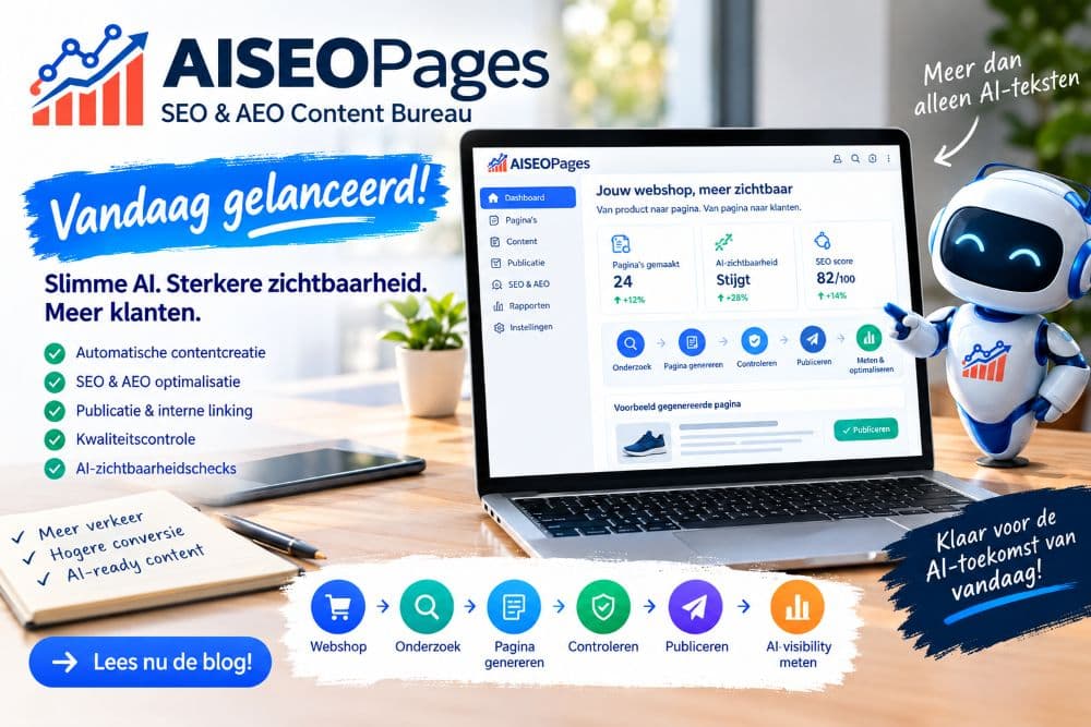 Aankondiging van de lancering van AISEOPages, met een dashboard dat het aantal gemaakte pagina's, de AI-zichtbaarheid en de SEO-score toont, en de stappen van onderzoek tot publiceren en meten.